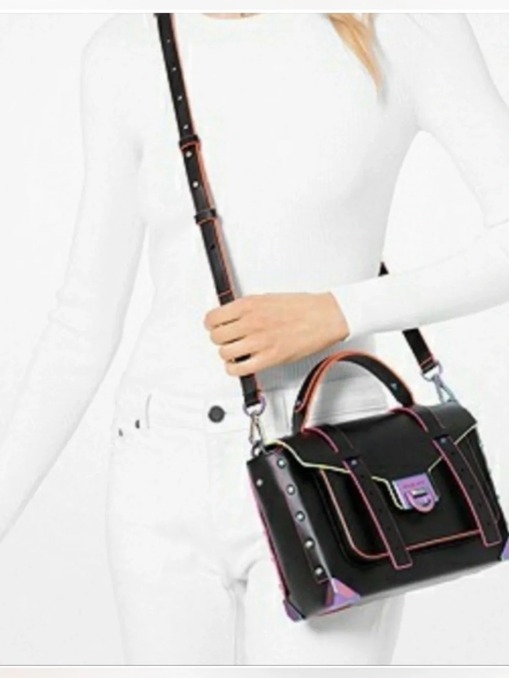 MICHAEL KORS Manhattan Medium Contrast-Trim Leather Satchel Black Neon - Picture 4 of 16